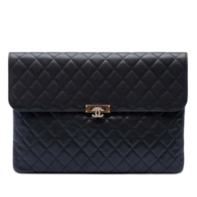 Chanel Large Quilted Caviar Golden Class O Case Clutch Black Leather Very good condition - Front View