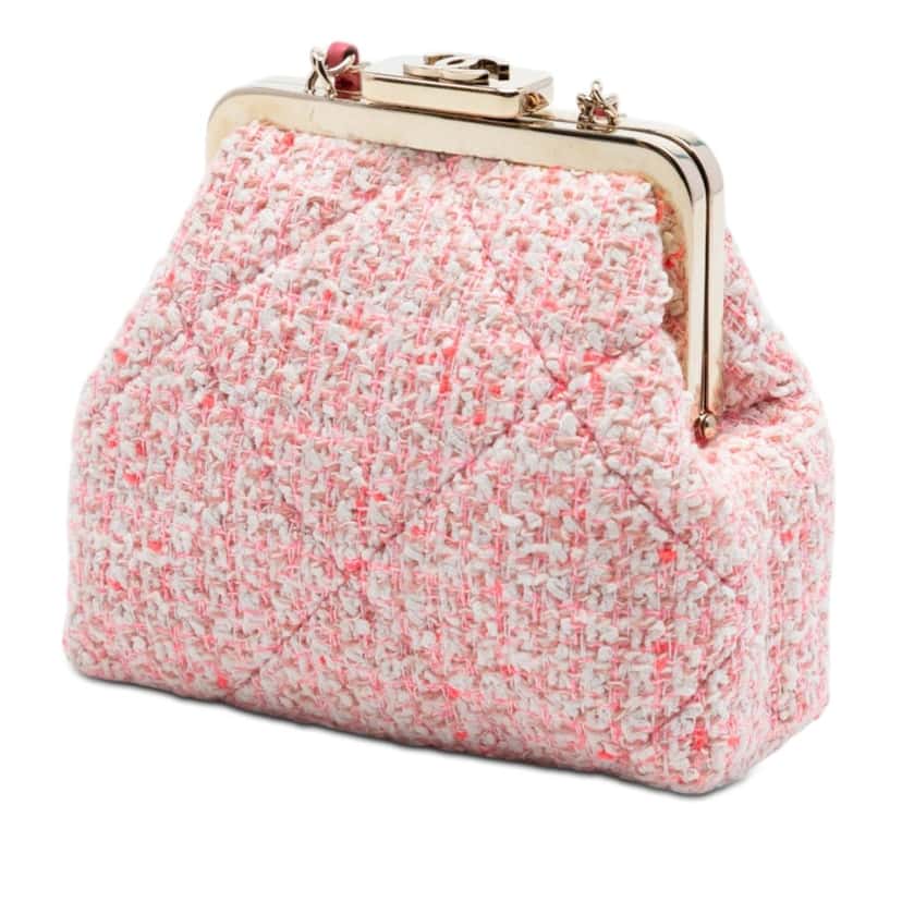 Chanel Quilted Tweed Kisslock Clutch With Chain Pink Very good condition - Back View