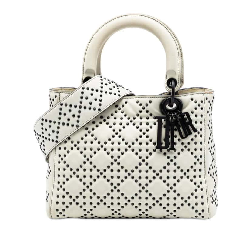 Dior Medium Lambskin Cannage Studded Supple Lady Dior White Leather Very good condition - Front View