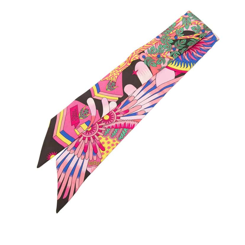 Hermès La Source de Pegase Silk Twilly Scarf Pink Very good condition - Front View