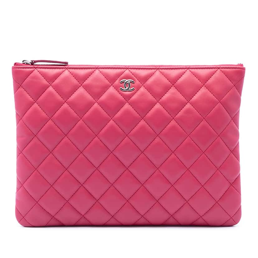 Chanel Medium Quilted Lambskin O Case Clutch Pink Leather Very good condition - Front View