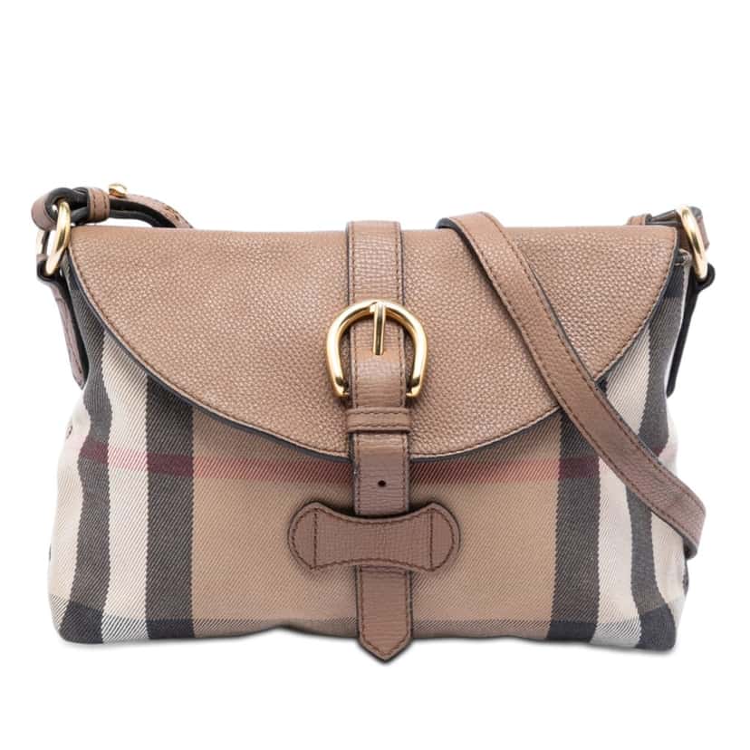 Burberry Small House Check Canvas and Leather Horseshoe Milton Crossbody Brown Very good condition - Front View