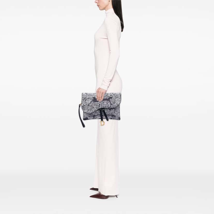 Dior Canvas Embroidered Reverse Toile De Jouy Saddle Pouch Blue Very good condition - Box View
