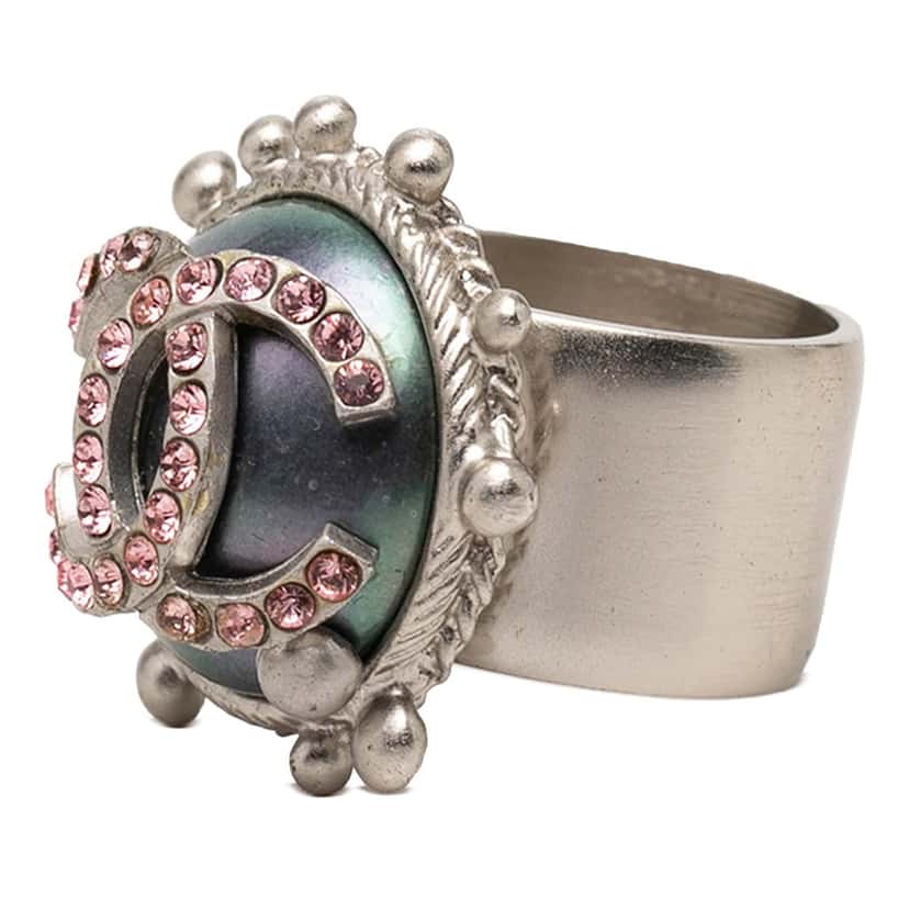 Chanel CC Brass Strass Ring Silver Metal Very good condition - Back View