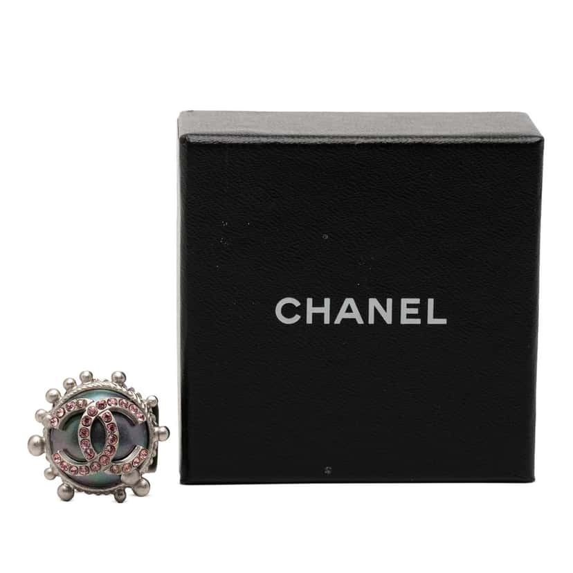 Chanel CC Brass Strass Ring Silver Metal Very good condition - Box View