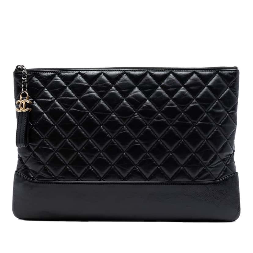 Chanel Large Aged Calfskin Gabrielle O Case Clutch Black Leather Very good condition - Front View