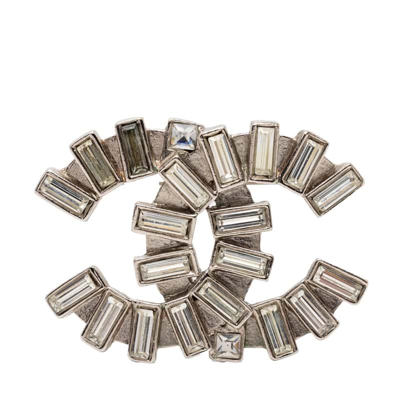 Chanel CC Brass Strass Baguette Brooch Silver Metal Very good condition - Front View