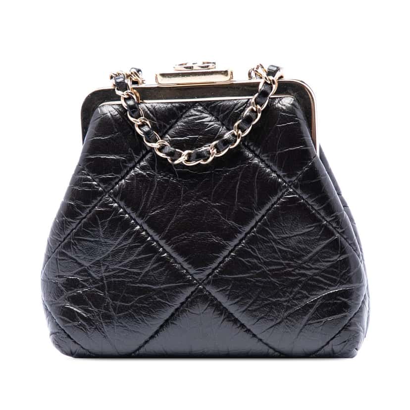 Chanel Quilted Aged Lambskin Kiss Lock Clutch with Chain Black Leather Very good condition - Front View