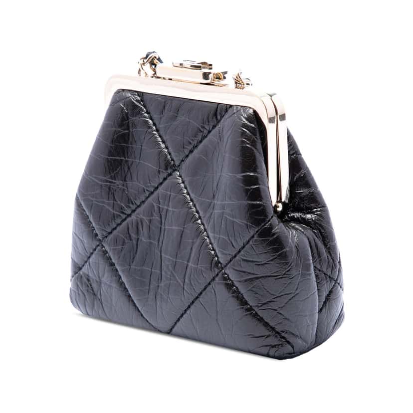 Chanel Quilted Aged Lambskin Kiss Lock Clutch with Chain Black Leather Very good condition - Back View