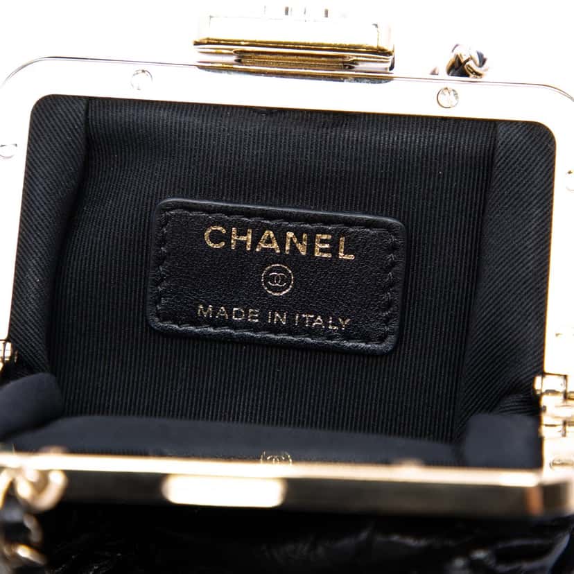 Chanel Quilted Aged Lambskin Kiss Lock Clutch with Chain Black Leather Very good condition - Box View