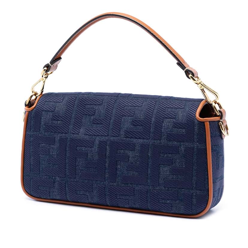 Fendi Zucca Embroidered Denim Baguette Satchel Blue Very good condition - Back View