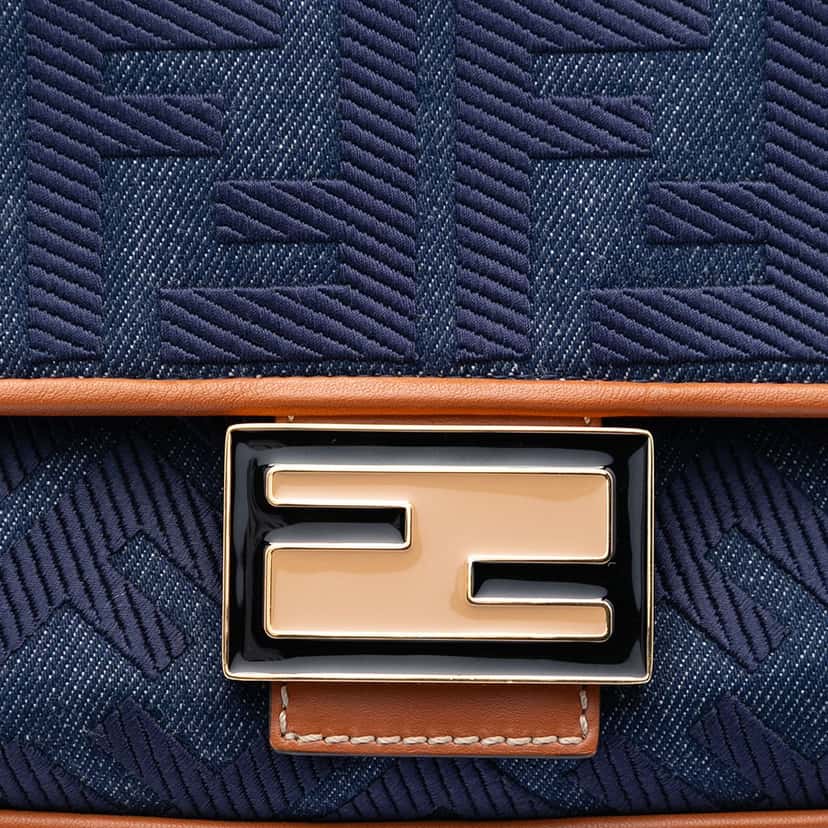 Fendi Zucca Embroidered Denim Baguette Satchel Blue Very good condition - Box View