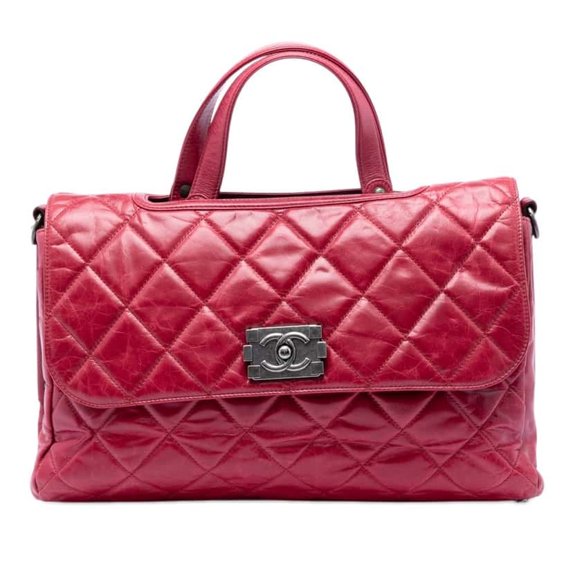 Chanel Quilted Glazed Calfskin Convertible Boy Top Handle Bag Red Leather Very good condition - Front View