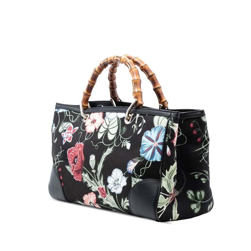Gucci Medium Canvas Flora Knight Bamboo Shopper Satchel Black Very good condition - Back View