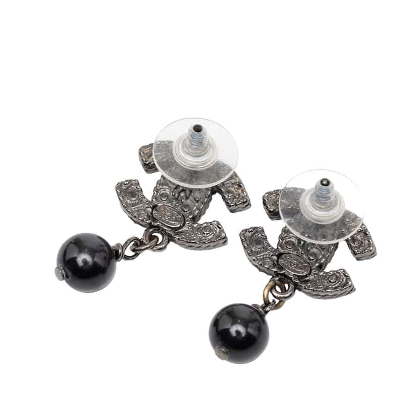 Chanel CC Brass Beaded Drop Push Back Earrings Black Metal Very good condition - Back View