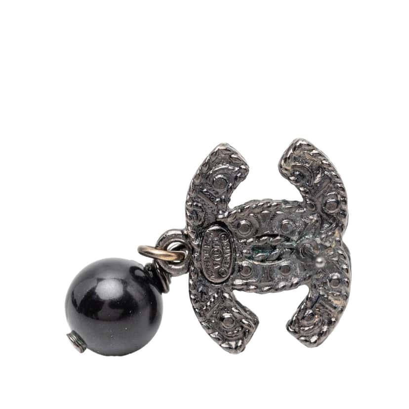Chanel CC Brass Beaded Drop Push Back Earrings Black Metal Very good condition - Inside View