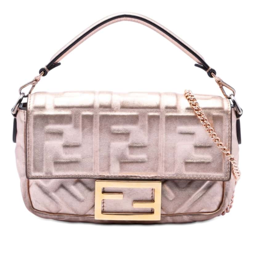 Fendi Mini Zucca Embossed Metallic Leather Baguette Satchel Pink Leather Very good condition - Front View