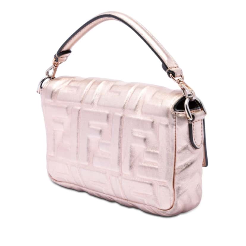 Fendi Mini Zucca Embossed Metallic Leather Baguette Satchel Pink Leather Very good condition - Back View