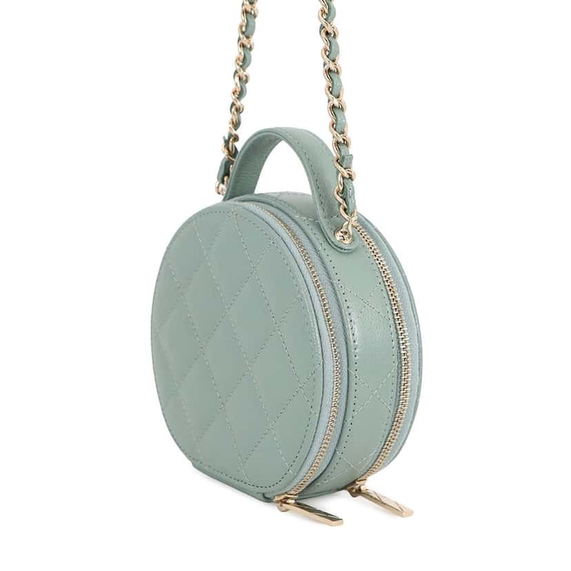 Chanel Quilted Caviar Handle With Care Round Vanity Case with Chain Green Leather Very good condition - Back View
