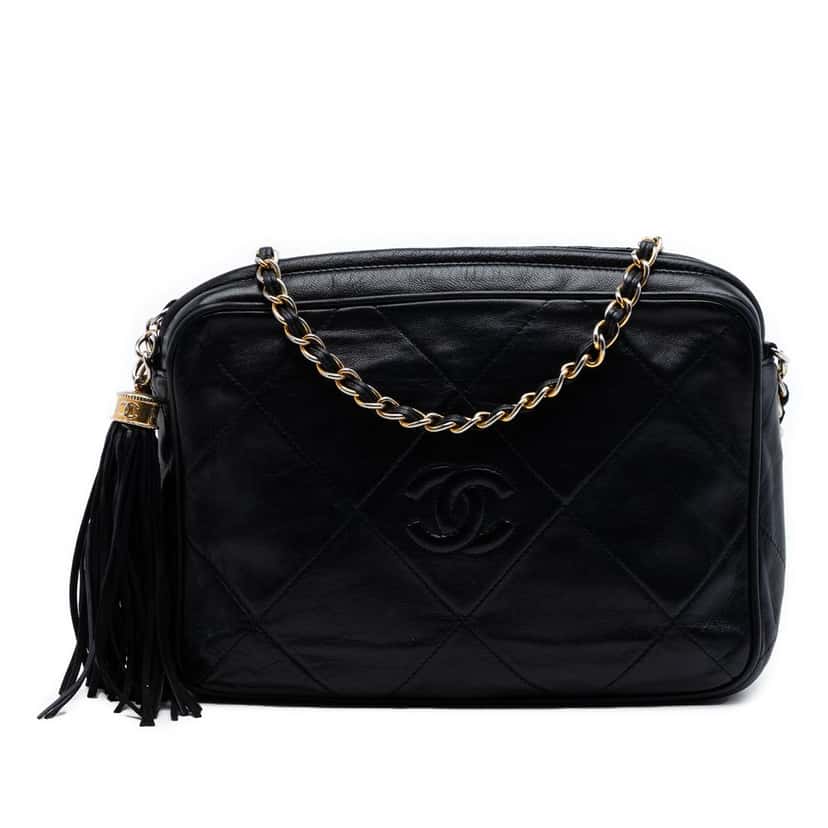 Chanel CC Quilted Lambskin Tassel Camera Bag Black Leather Very good condition - Front View