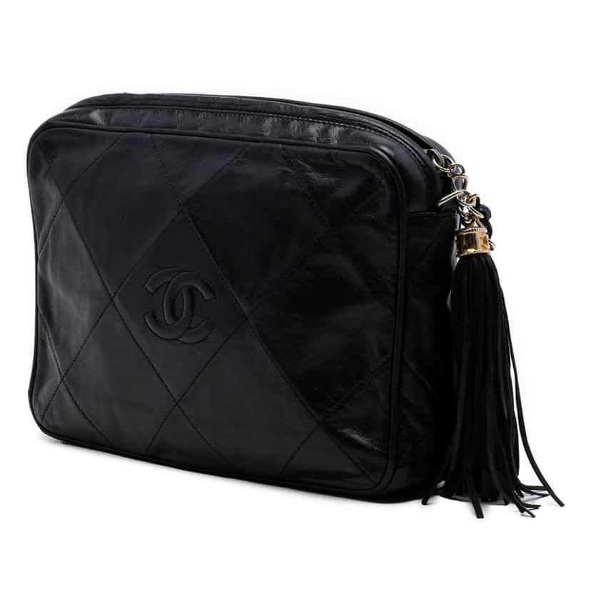 Chanel CC Quilted Lambskin Tassel Camera Bag Black Leather Very good condition - Back View