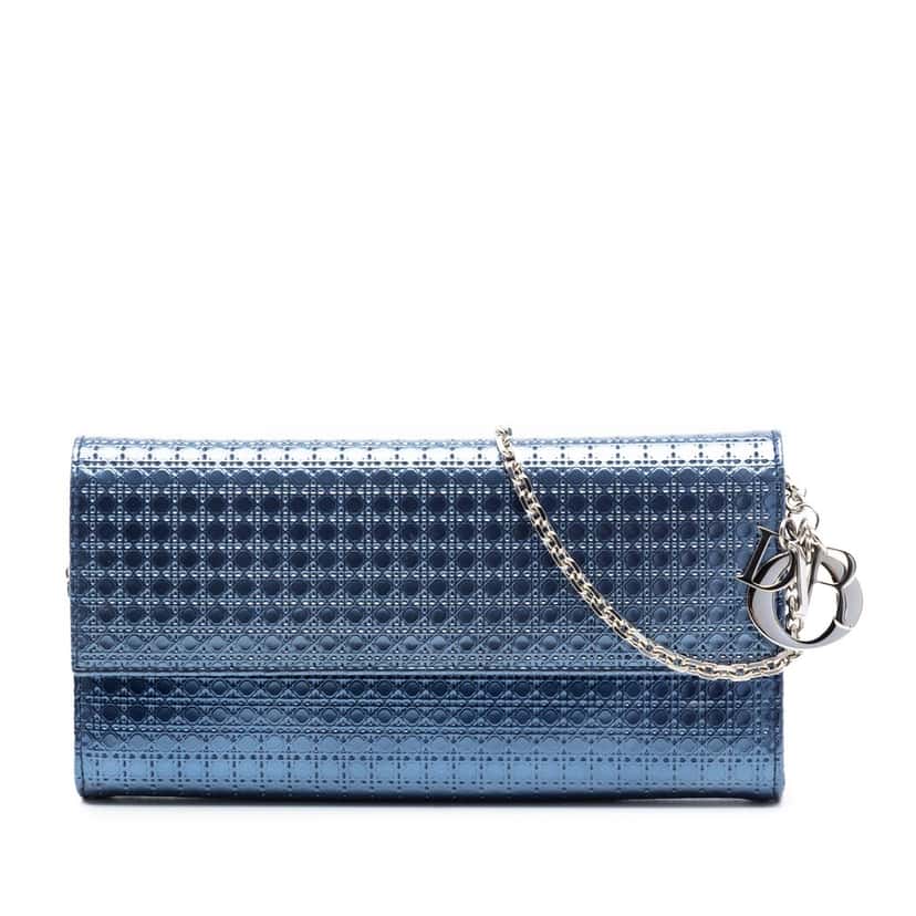 Dior Metallic Patent Microcannage Lady Dior Croisiere Wallet On Chain Blue Leather Very good condition - Front View