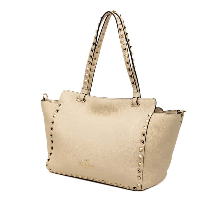 Valentino Small Grained Calfskin Rockstud Trapeze Satchel Beige Leather Very good condition - Back View
