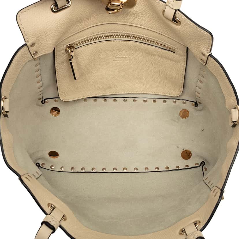 Valentino Small Grained Calfskin Rockstud Trapeze Satchel Beige Leather Very good condition - Model View