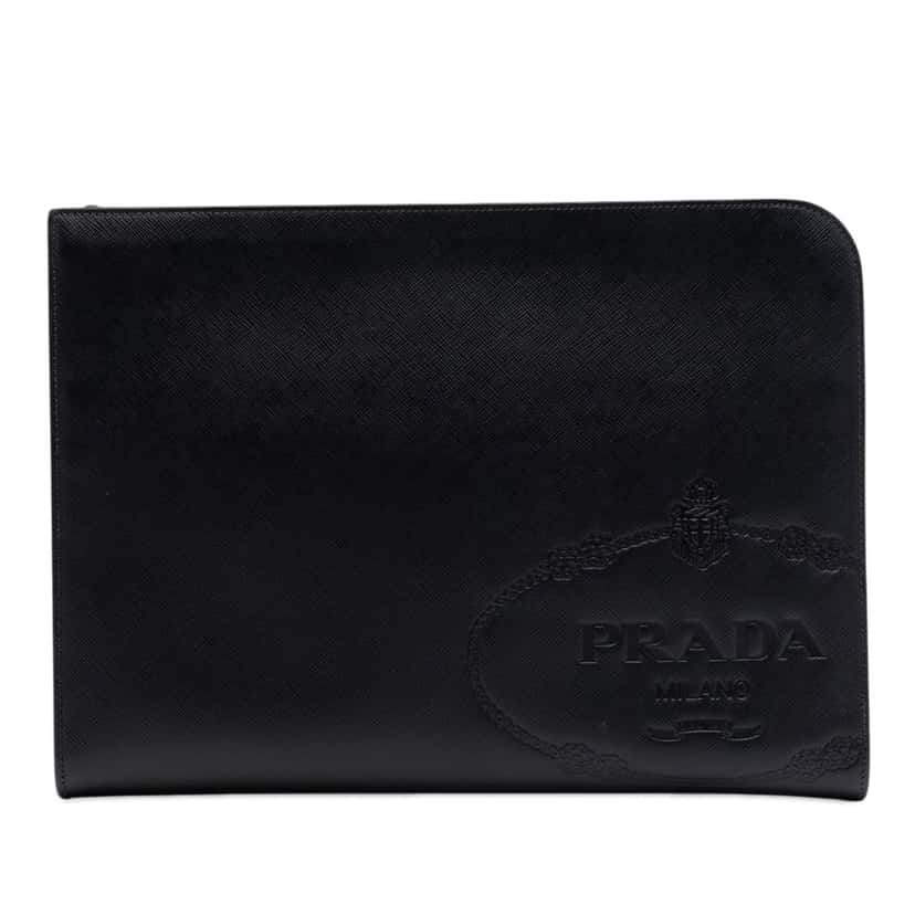 Prada Saffiano Logo Clutch Black Leather Very good condition - Front View
