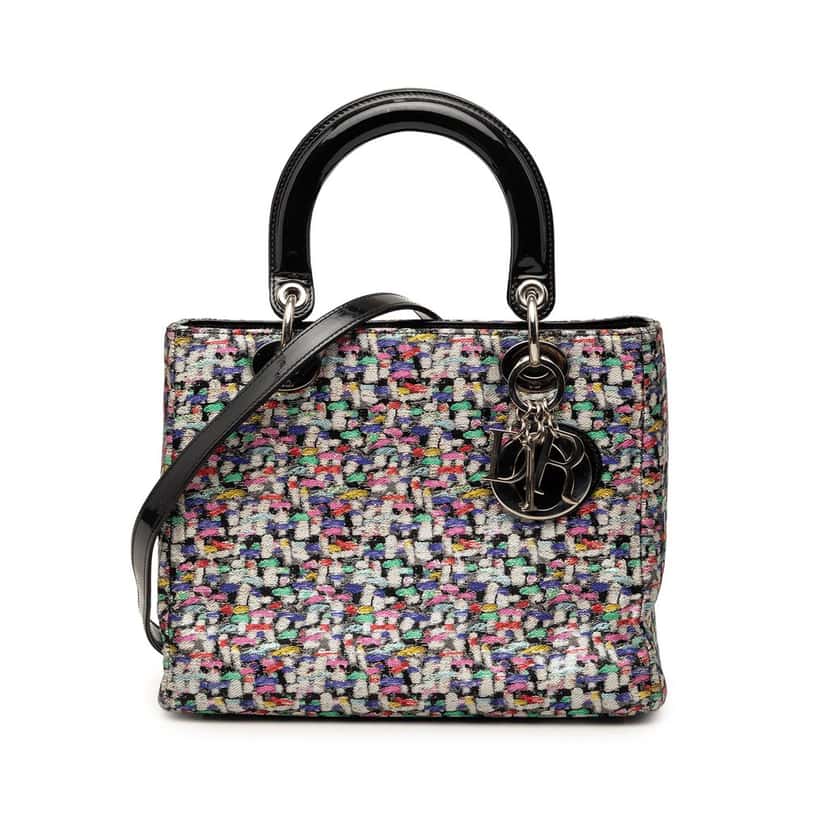 Dior Medium Multicolor Metallic Fabric and Patent Leather Lady Dior Black Very good condition - Front View