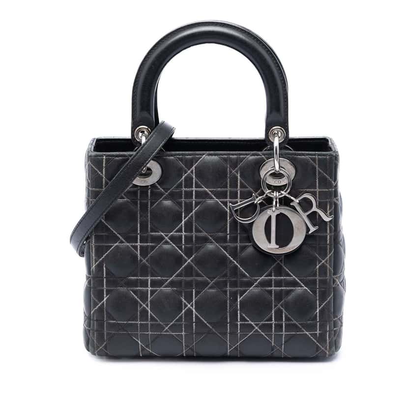 Dior Medium Lambskin Cannage Contrast Stitch Lady Dior Black Leather Very good condition - Front View