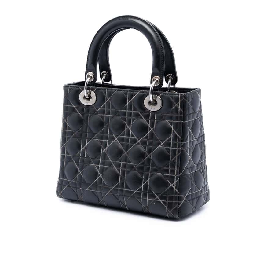 Dior Medium Lambskin Cannage Contrast Stitch Lady Dior Black Leather Very good condition - Back View