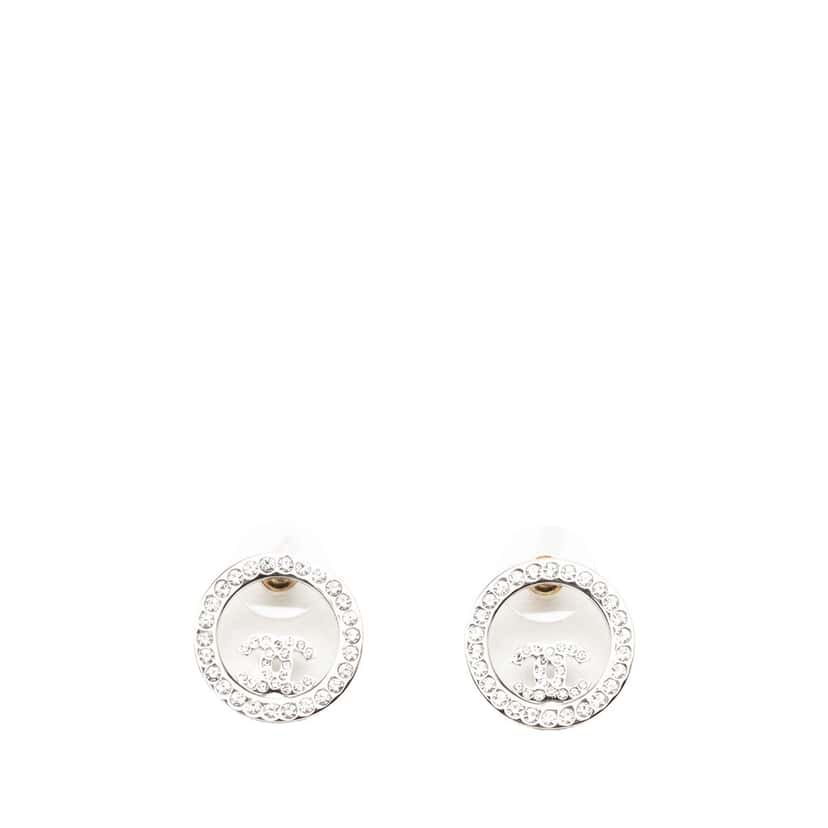 Chanel CC Brass Strass Push Back Earrings Silver Metal Very good condition - Front View