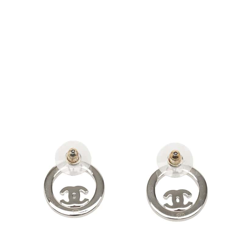 Chanel CC Brass Strass Push Back Earrings Silver Metal Very good condition - Back View