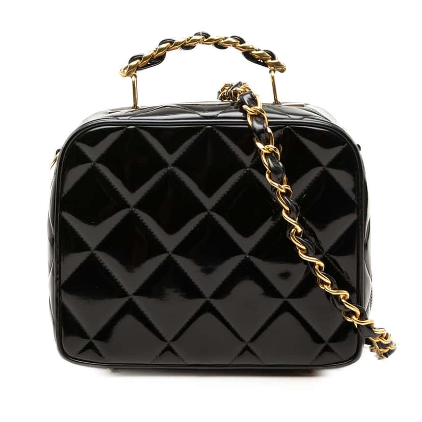 Chanel Quilted Patent Vanity Case Black Leather Very good condition - Front View