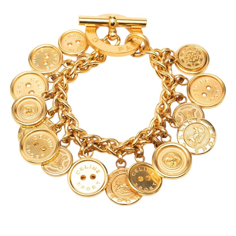Celine Gold Plated Sport Button Medallion Charm Bracelet Gold Metal Very good condition - Front View