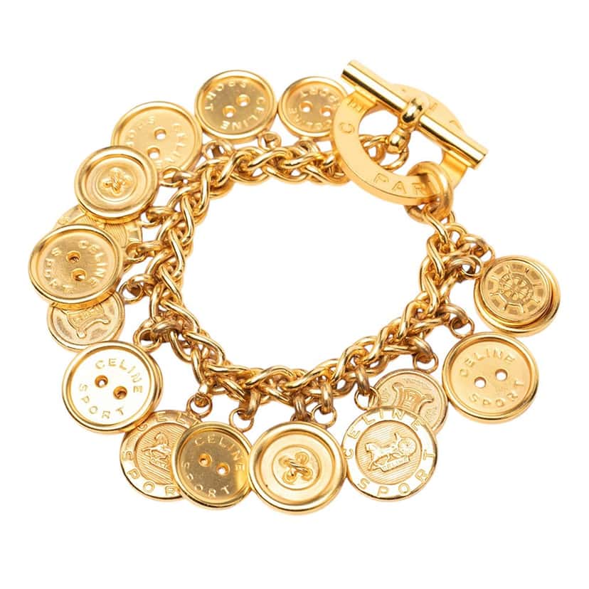 Celine Gold Plated Sport Button Medallion Charm Bracelet Gold Metal Very good condition - Back View