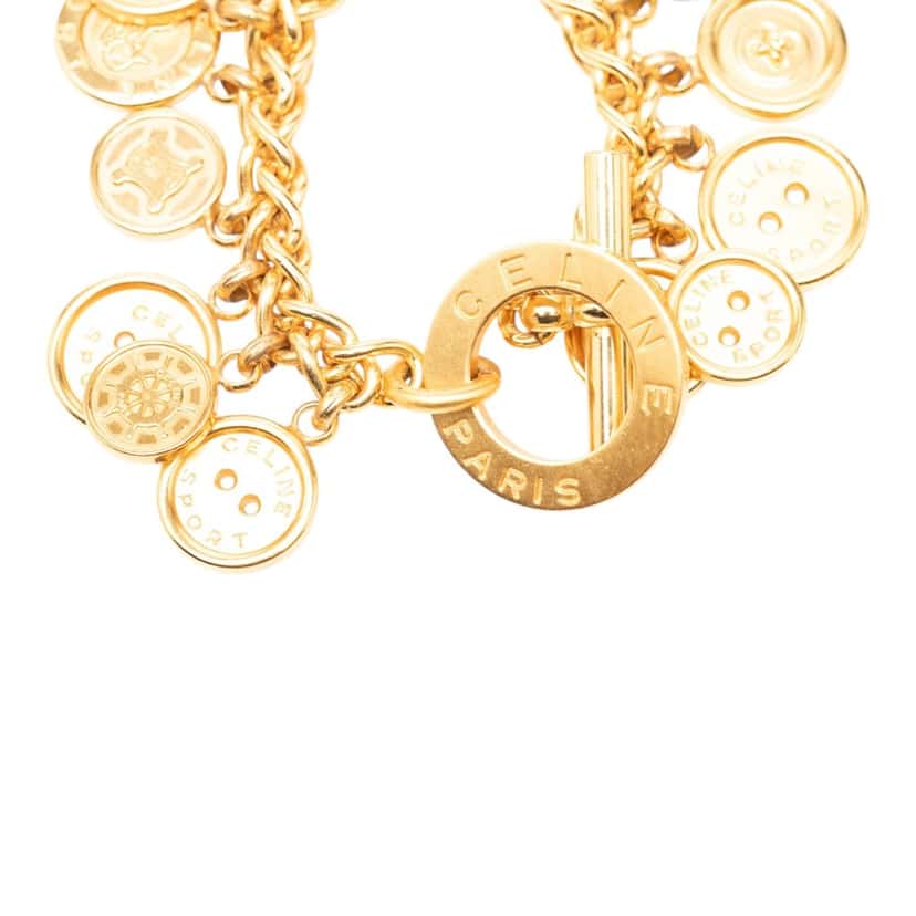 Celine Gold Plated Sport Button Medallion Charm Bracelet Gold Metal Very good condition - Model View