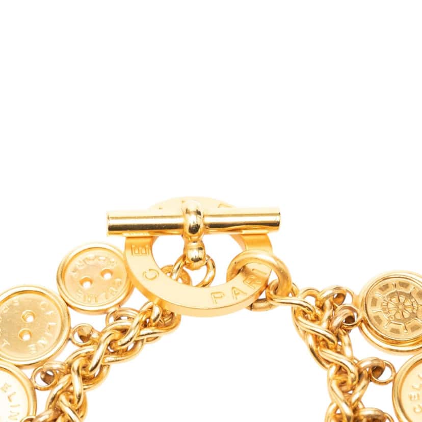 Celine Gold Plated Sport Button Medallion Charm Bracelet Gold Metal Very good condition - Box View