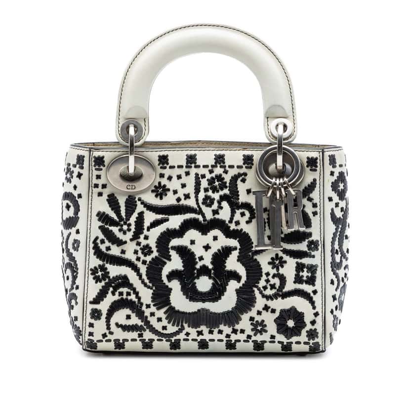 Dior Mini Calfskin Flower Embroidered Lady Dior White Leather Very good condition - Front View