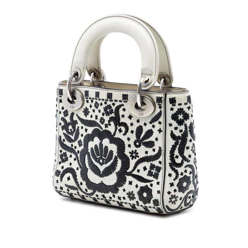 Dior Mini Calfskin Flower Embroidered Lady Dior White Leather Very good condition - Back View