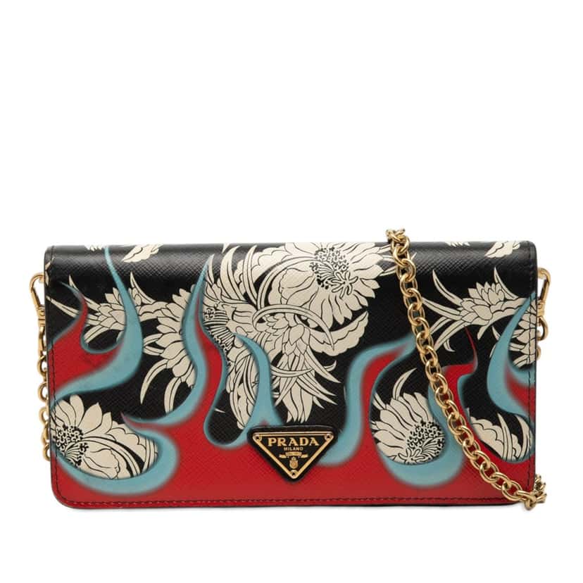 Prada Saffiano Floral Flame Print Wallet on Chain Black Leather Very good condition - Front View