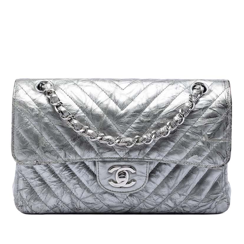 Chanel Small Classic Chevron Metallic Crumpled Calfskin Double Flap Silver Leather Very good condition - Front View