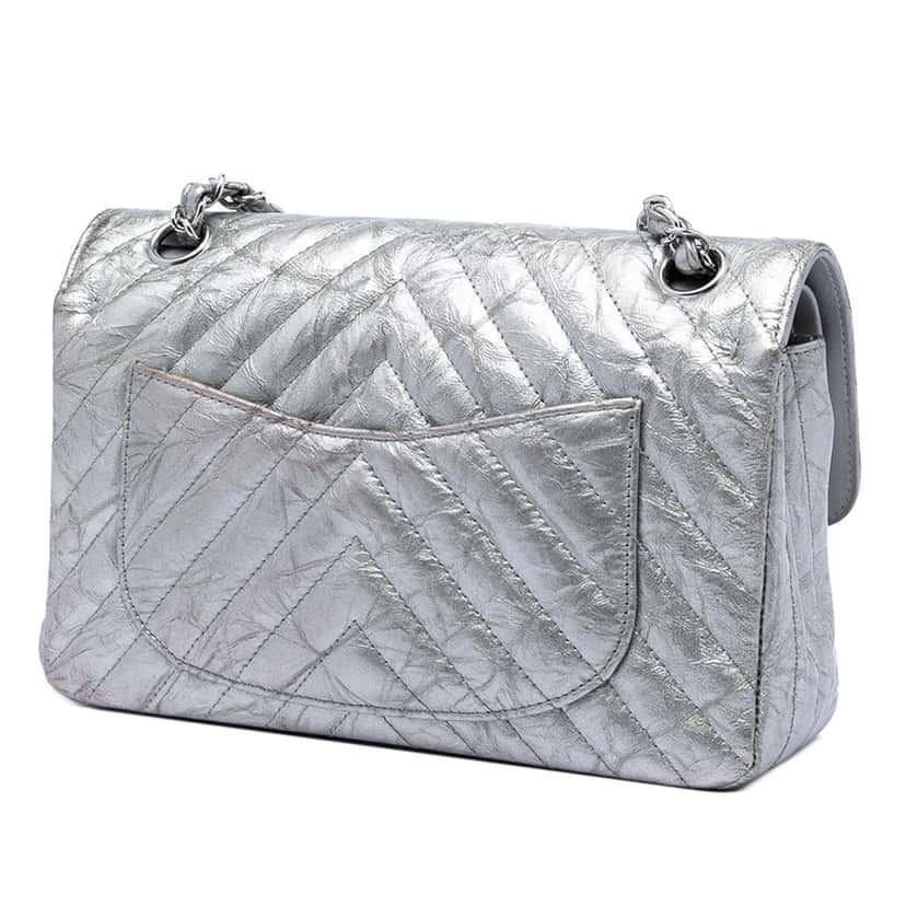 Chanel Small Classic Chevron Metallic Crumpled Calfskin Double Flap Silver Leather Very good condition - Back View