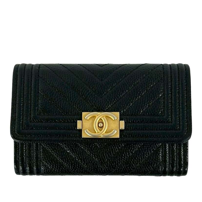 Chanel Chevron Caviar Boy Card Holder Black Leather Very good condition - Front View