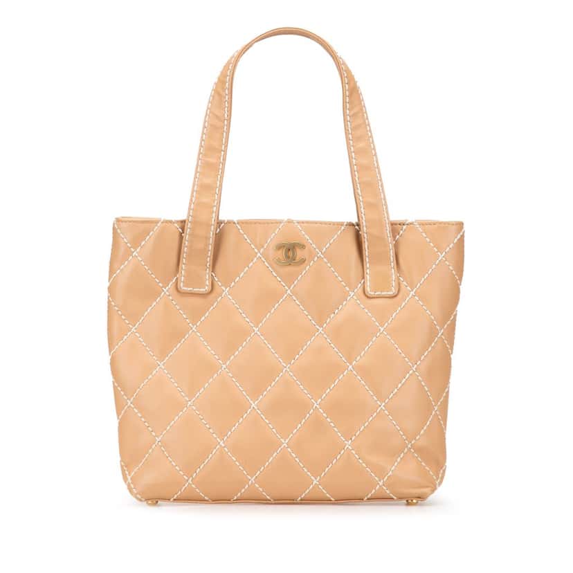 Chanel Small CC Calfskin Wild Stitch Tote Beige Leather Very good condition - Front View