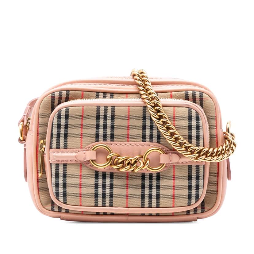 Burberry 1983 Knight Check Canvas and Calfskin Link Camera Bag Beige Very good condition - Front View