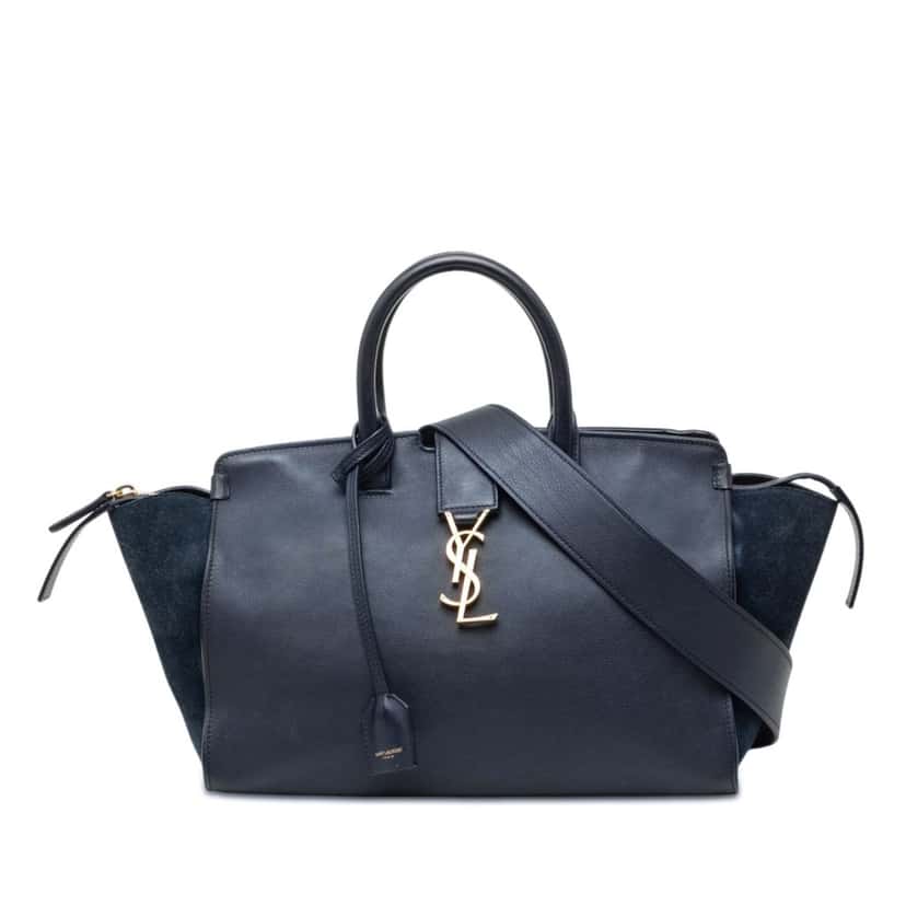 Saint Laurent Small Suede Trimmed Calfskin Downtown Cabas Satchel Blue Leather Very good condition - Front View