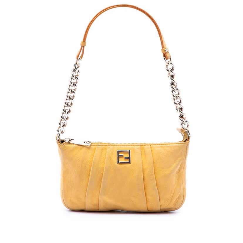 Fendi Pleated Nubuck FF Chain Pochette Yellow Leather Very good condition - Front View