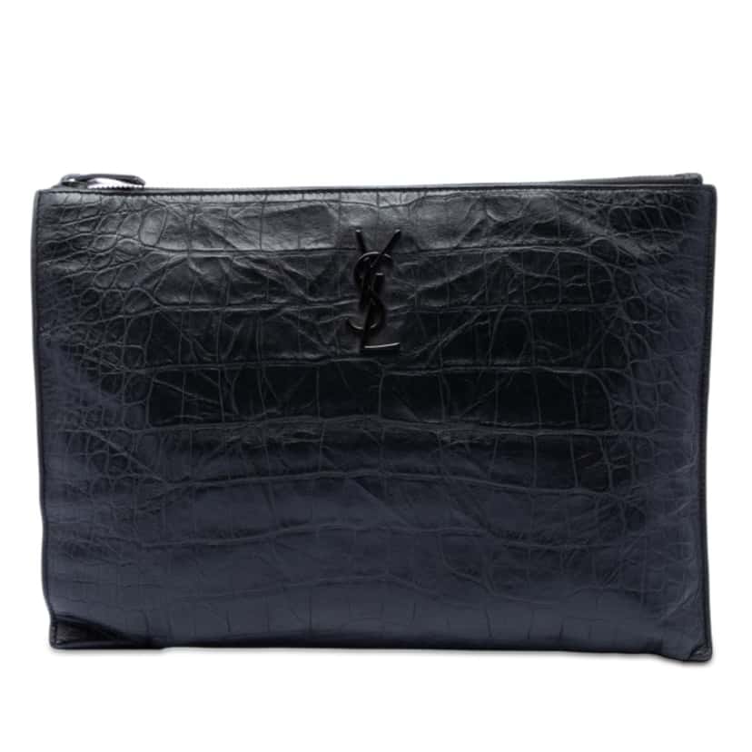 Saint Laurent Croc Embossed Leather Monogram Document Holder Black Leather Very good condition - Front View